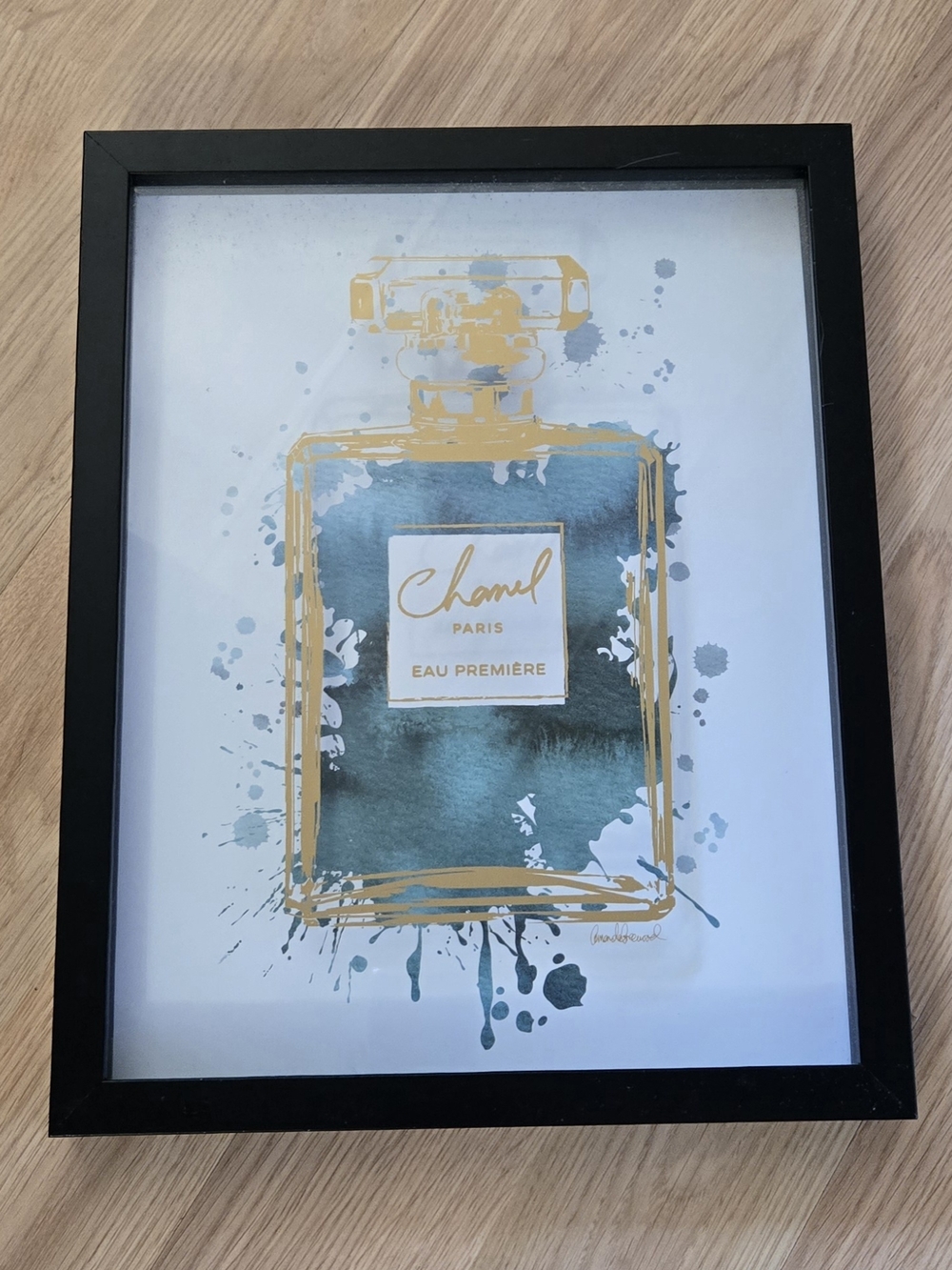 Chanel-Inspired Gold & Teal Perfume Bottle Wall Art - Framed Home Accent